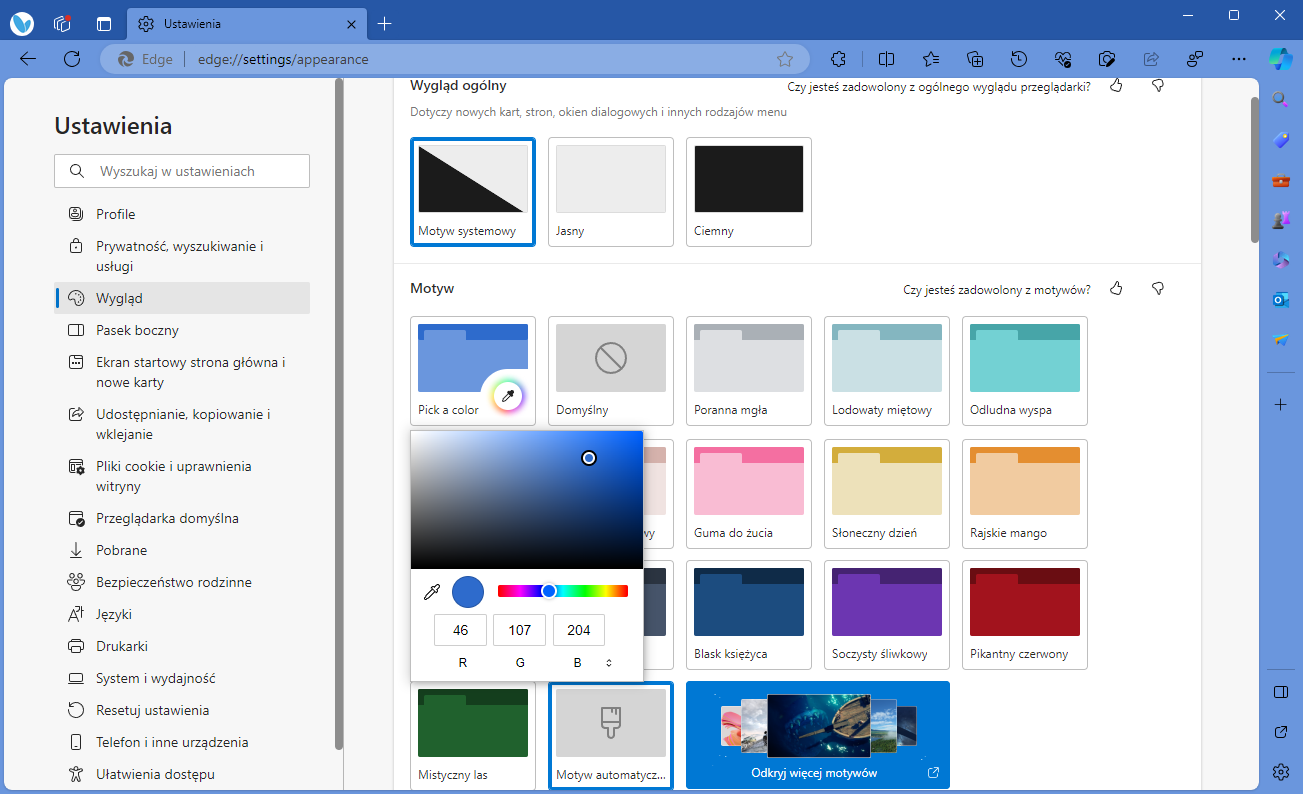 Microsoft Edge pozwala tworzyć własne motywy kolorystyczne