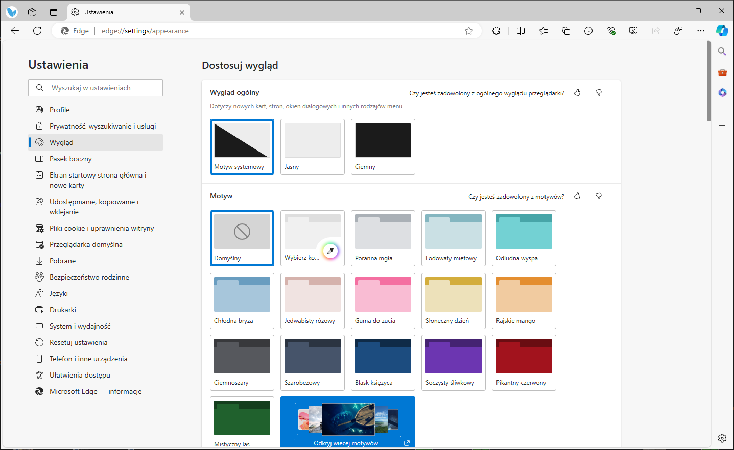 Nowy układ strony ustawień wyglądu w Edge