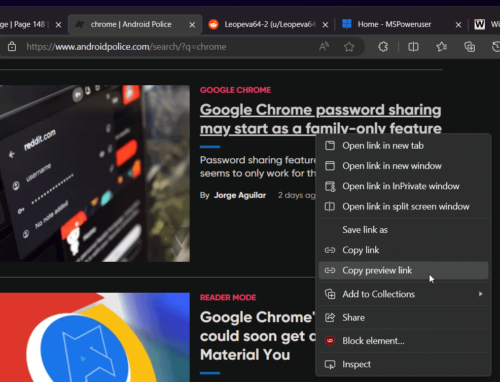 Wklejanie linków z podglądem testowane w Microsoft Edge