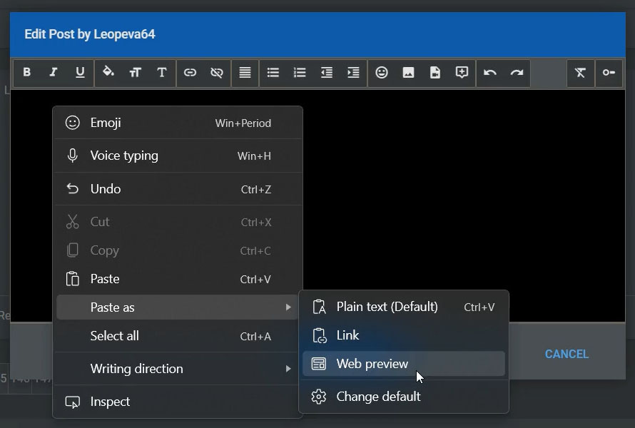 Wklejanie linków z podglądem testowane w Microsoft Edge
