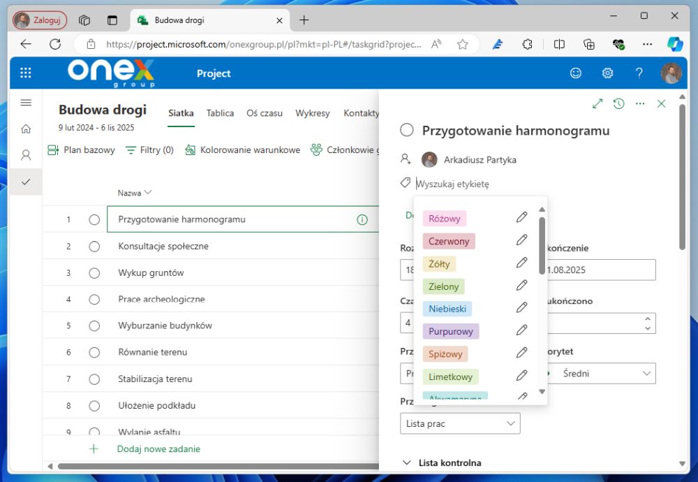Jak dodać etykiete do zadan w Project Web App
