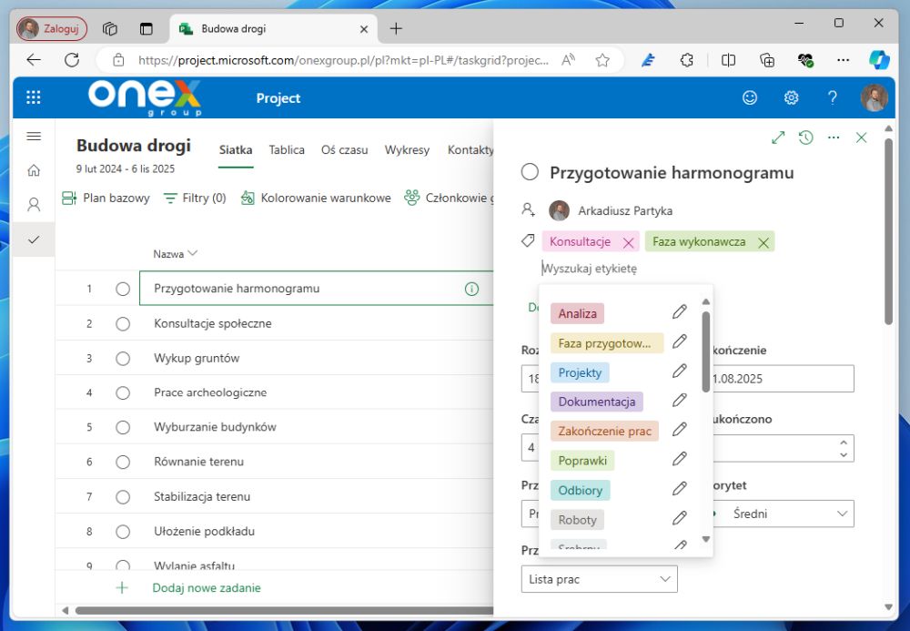 Jak dodać etykiete do zadan w Project Web App
