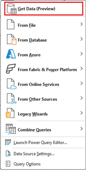 Nowe okno Pobierz dane w Excelu na Windows