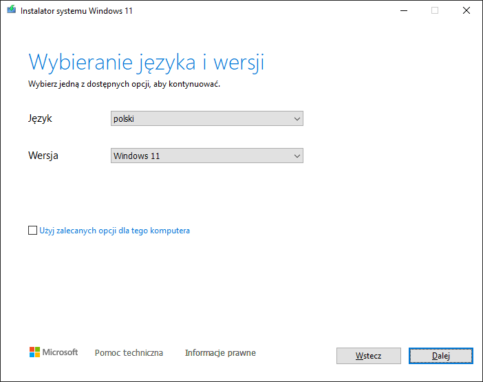 Przygotowanie nośnika instalacyjnego Windows 11 w Media Creation Tool
