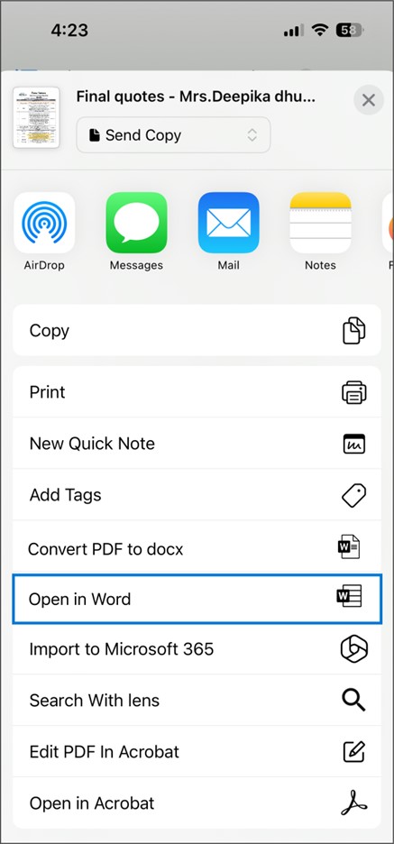 Konwertowanie PDF do Docx w Word na iOS