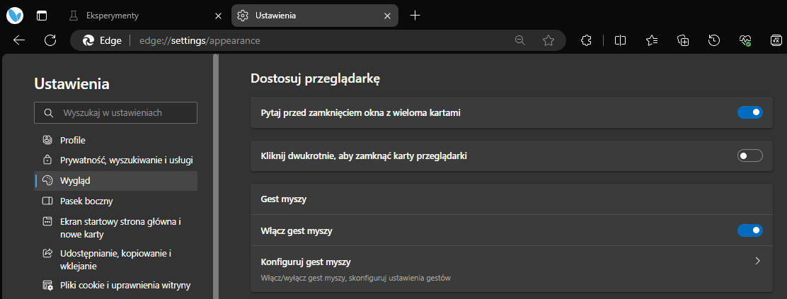 Włącz gest myszy w Edge