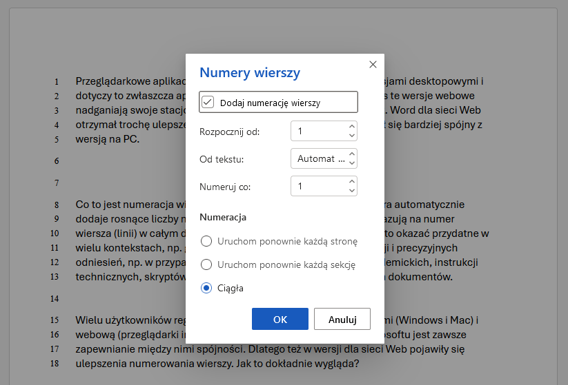 Ulepszona numeracja wierszy w Word dla sieci Web