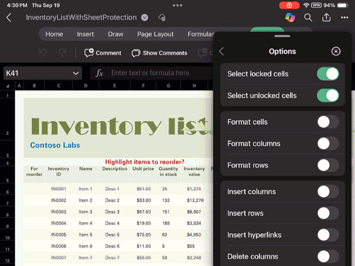 Ochrona arkusza Excela na iPadzie