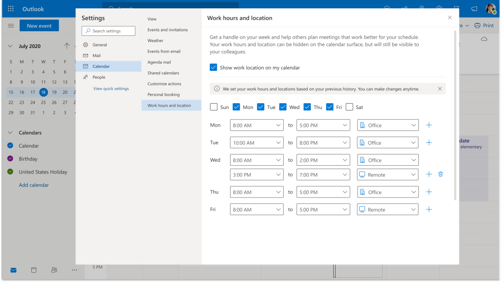 Nowe sposoby ustawiania i pokazywania czasu i miejsca pracy w kalendarzu Outlook