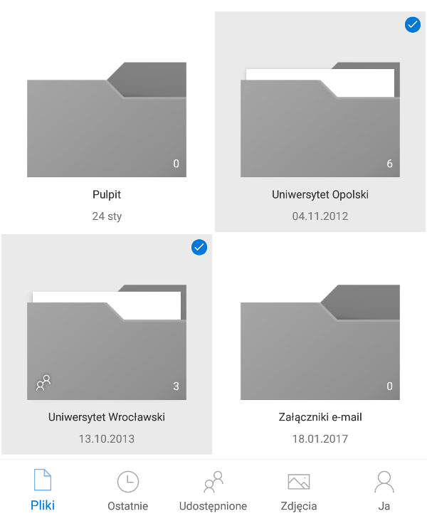 Widok katalogów na ekranie aplikacji OneDrive