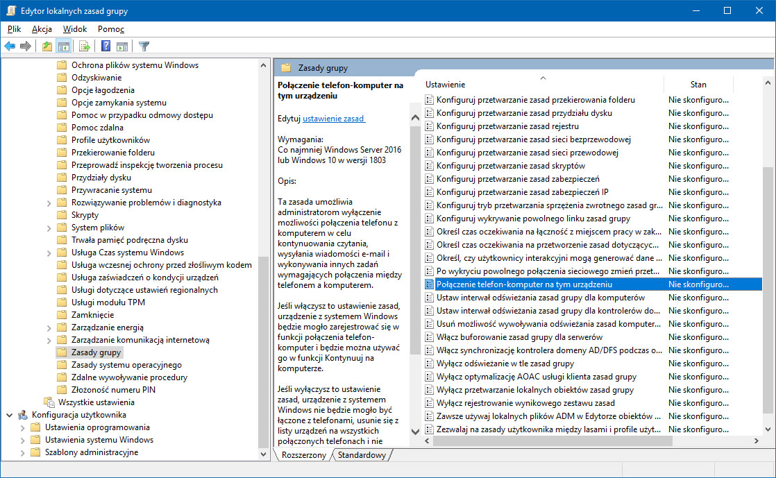 Panel lokalnych zasad grupy w Windows 10