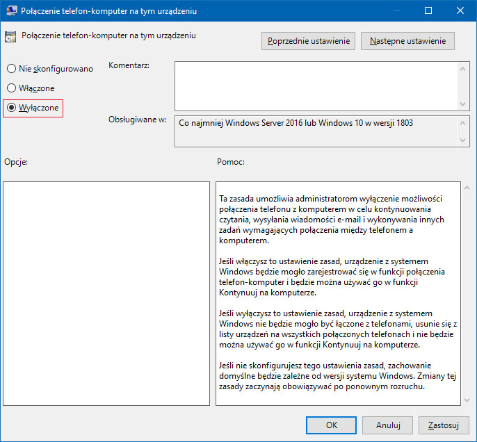 Okno edycji zasady Połączenie telefon-komputer na tym urządzeniu