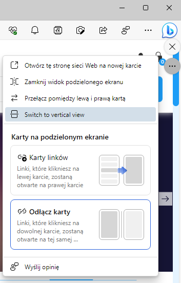 Pionowy podział ekranu w Microsoft Edge Dev (build 118.0.2088)