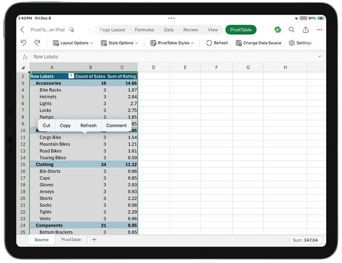 Tabela przestawna w Excelu na iPada