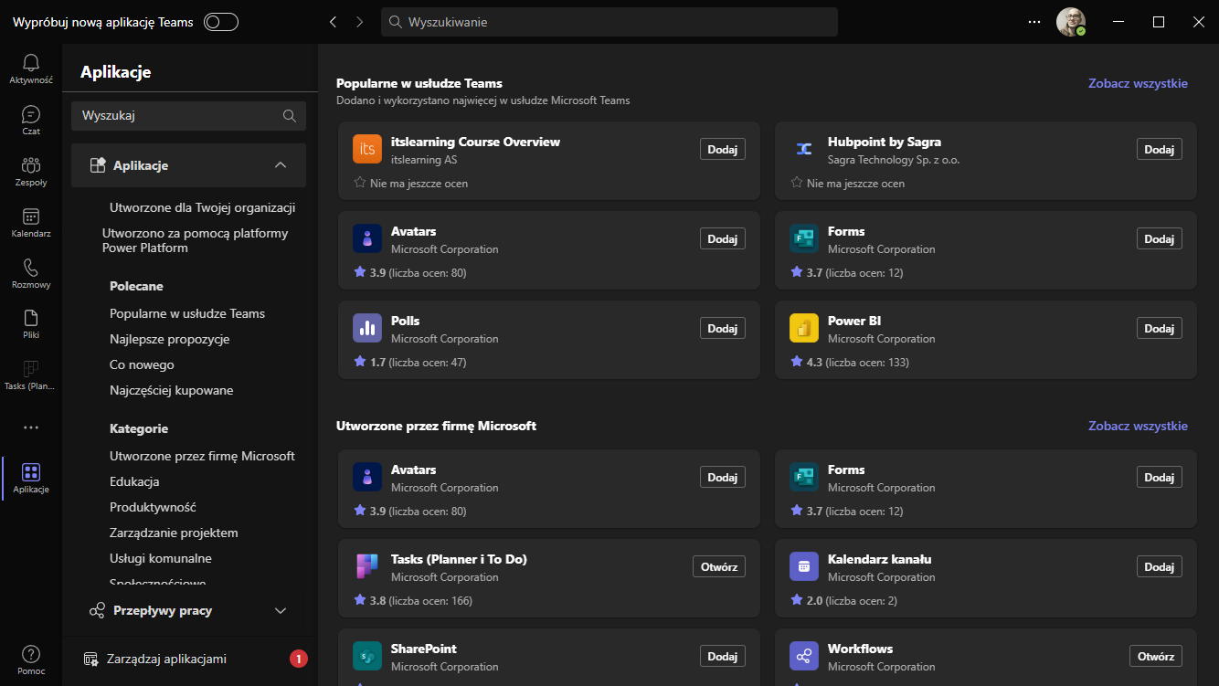 Oceny i opinie aplikacji w Teams