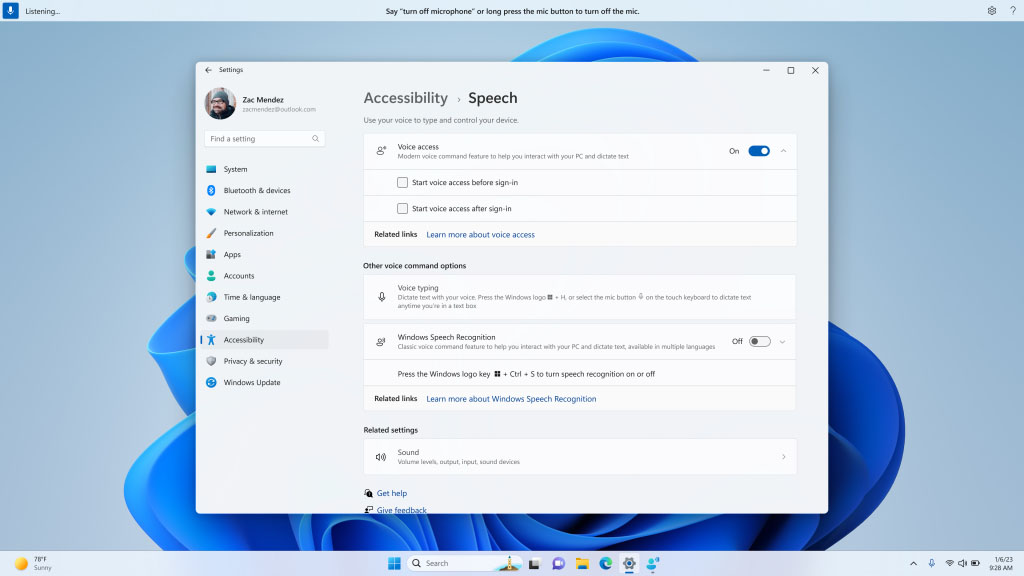 Dostęp głosowy w Windows 11 - Ustawienia