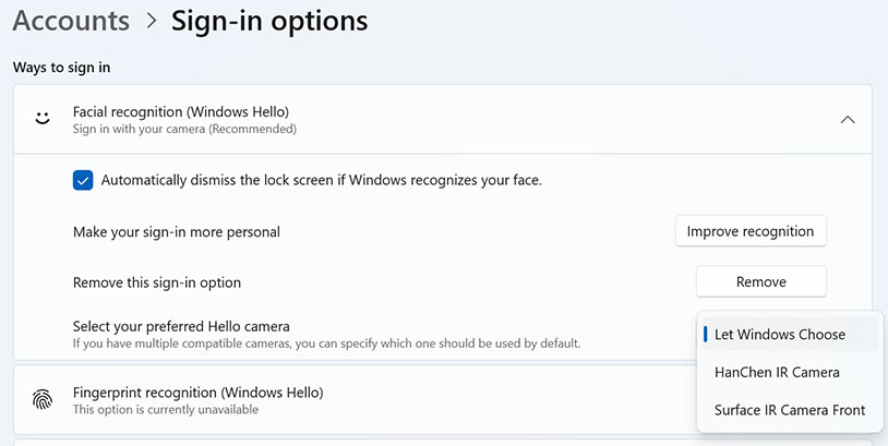 Wybór kamery Windows Hello w Ustawieniach
