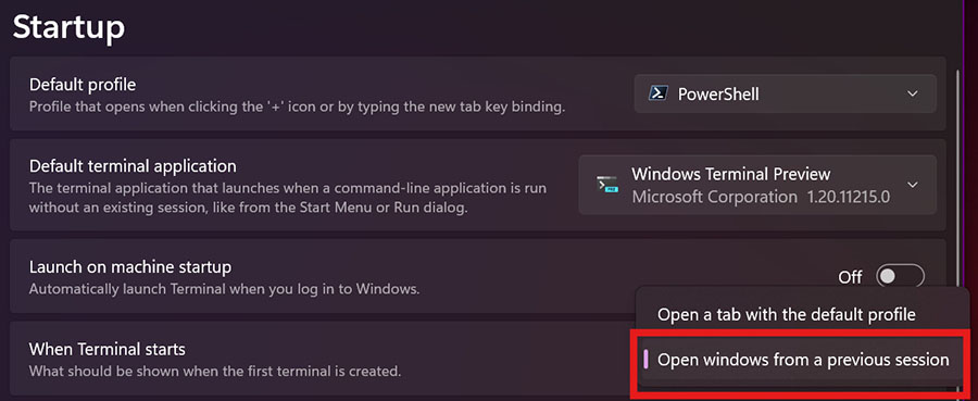 Przywracanie sesji po uruchomieniu w Windows Terminal Preview 1.21