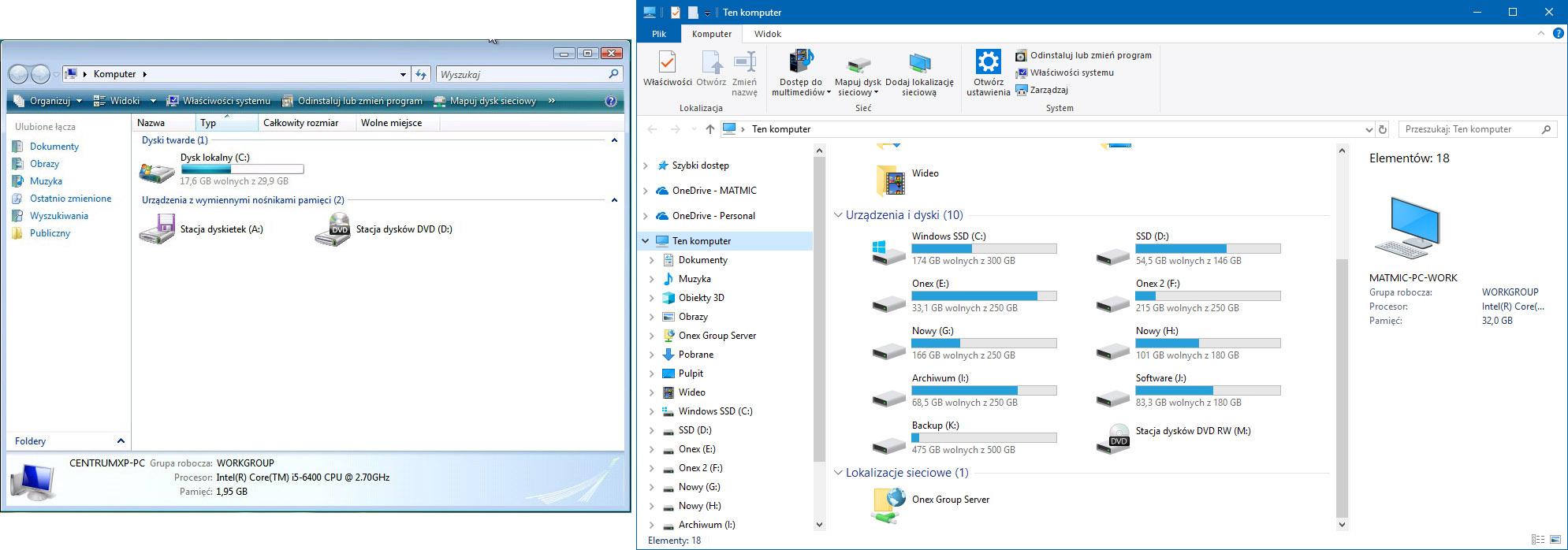 Okno Komputer - po lewej Windows Vista, po prawej Windows 10
