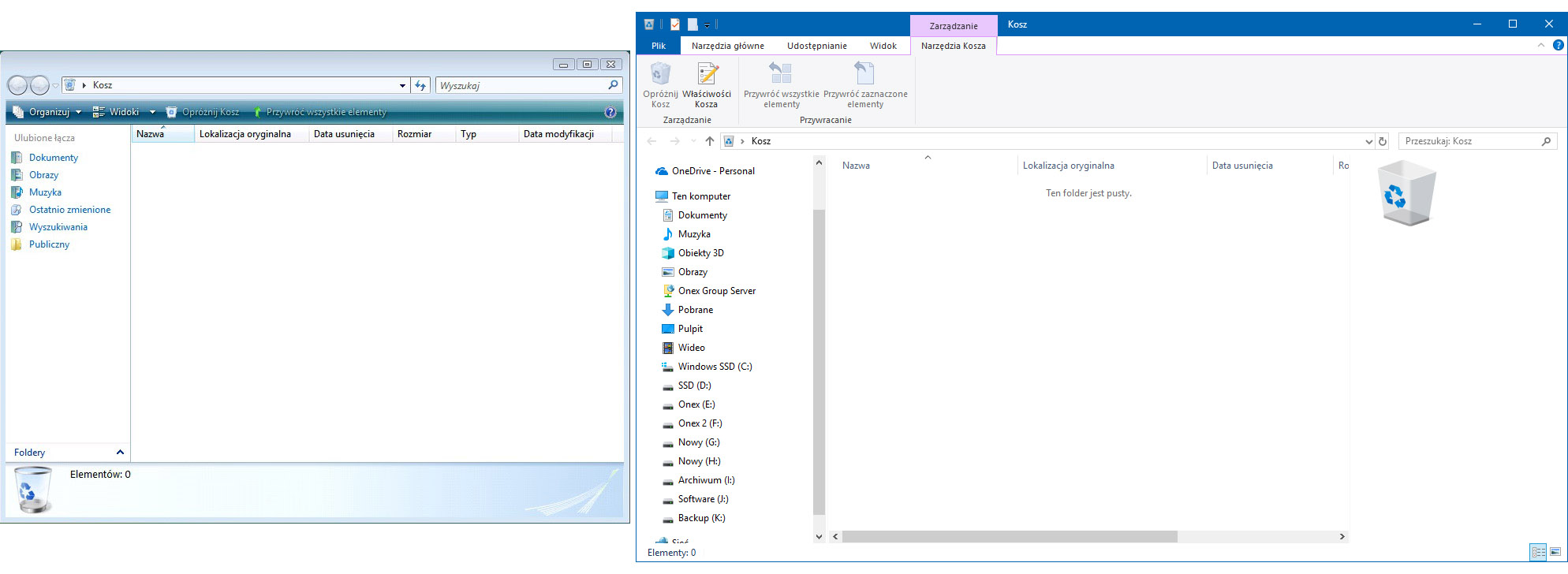 Okno Kosz - po lewej Windows Vista, po prawej Windows 10