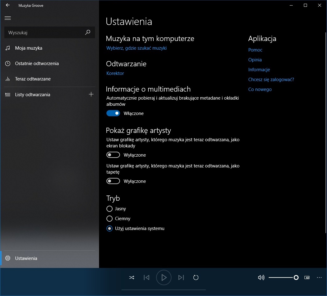 Panel ustawień Muzyka Groove w Windows 10