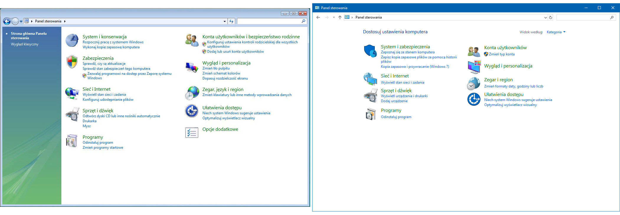 Okno Panel sterowania - po lewej Windows Vista, po prawej Windows 10