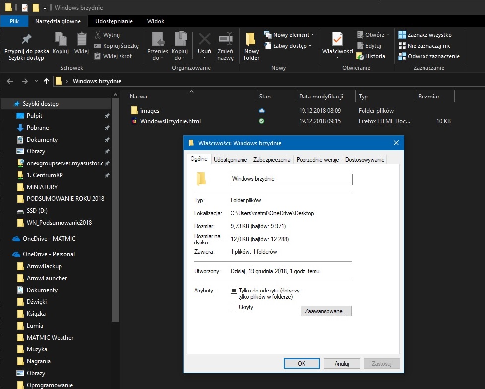 Okno Właściwości w Windows 10 motyw ciemny