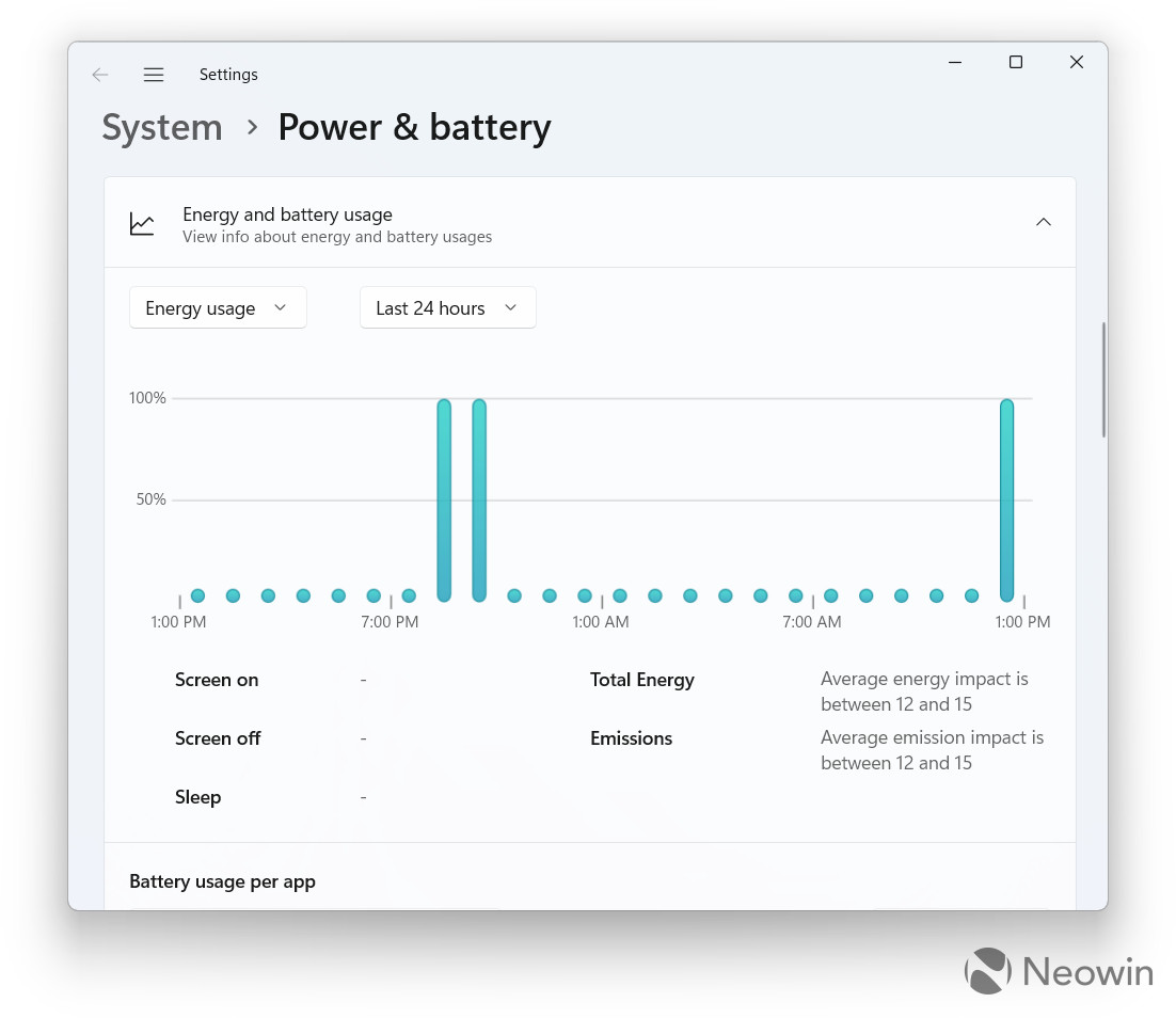 Wykres zużycia energii w Windows 11