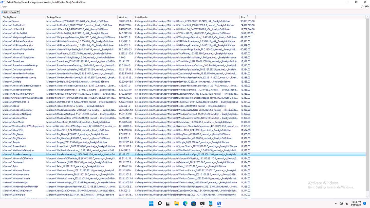Rozmiar preinstalowanych aplikacji w Windows 11