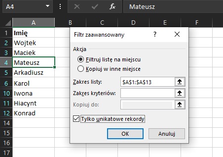 Excel filtorwanie duplikatów