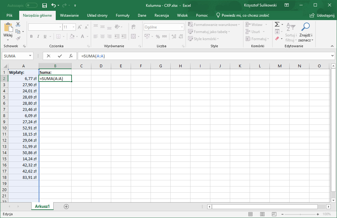 Jak zrobić sumę kolumny w Excelu