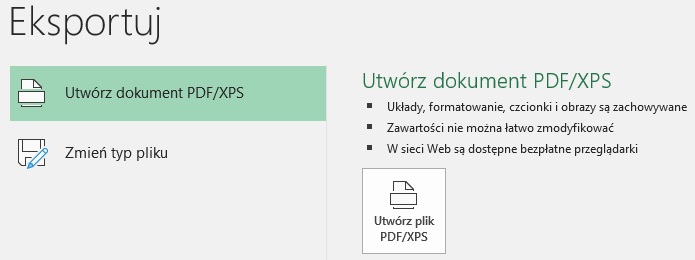 Sekcja eksportowania skoroszytu do pliku PDF