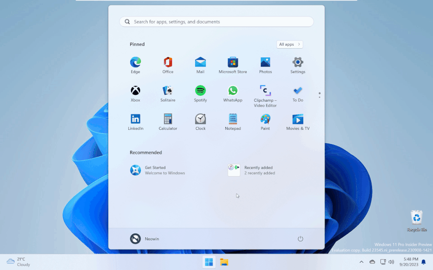 Polecane foldery w menu Start (Windows 11 Build 23545 w Dev Channel)