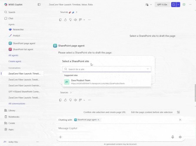 Tworzenie stron i list SharePointa w Microsoft 365 Copilot