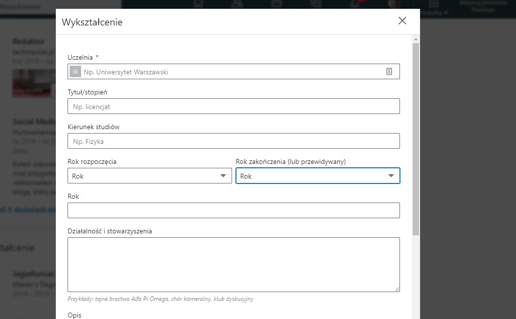 LinkedIn Wykształcenie