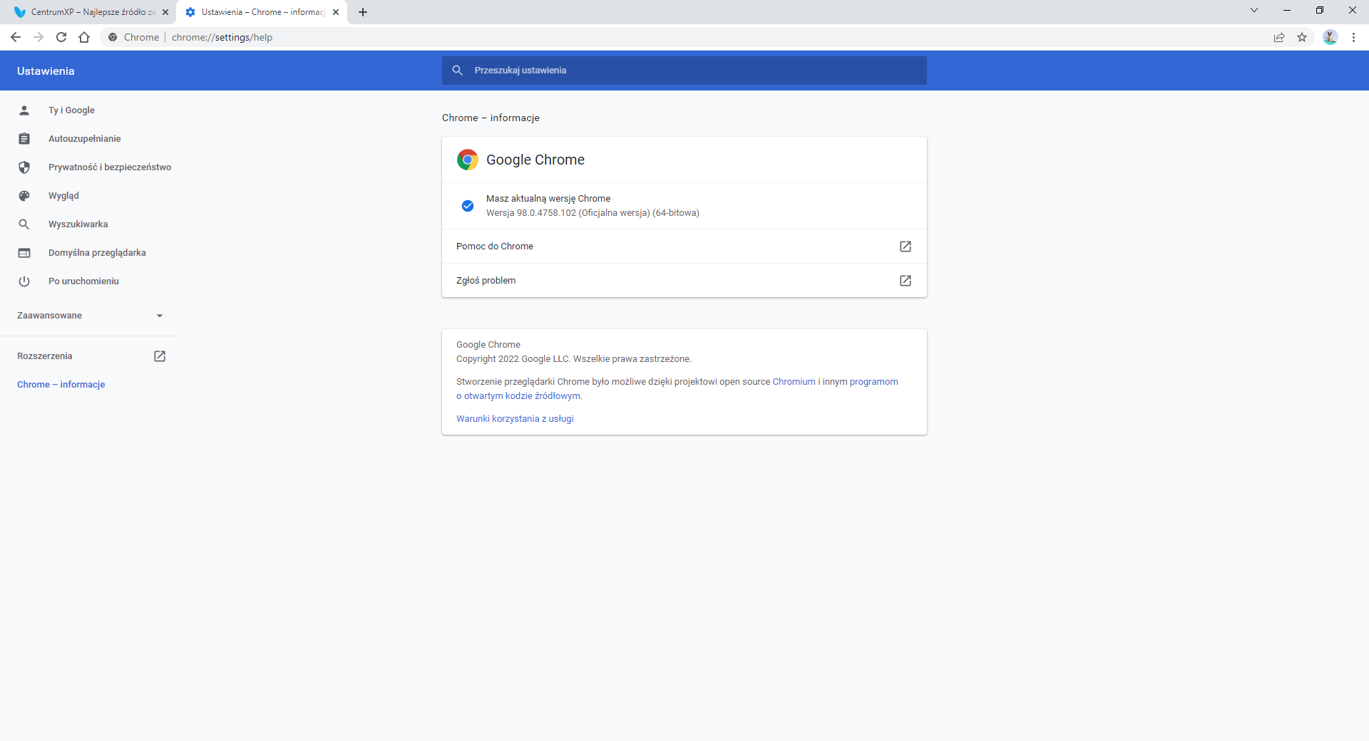 Google Chrome - aktualizacja