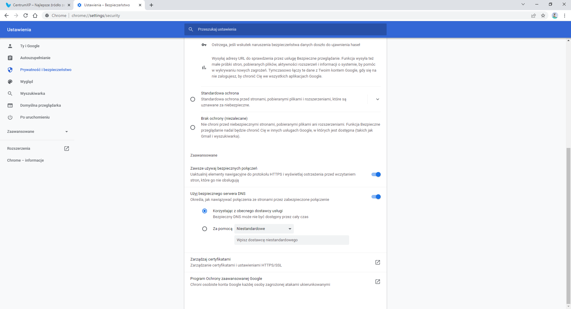 Google Chrome - używaj bezpiecznych połączeń HTTPS