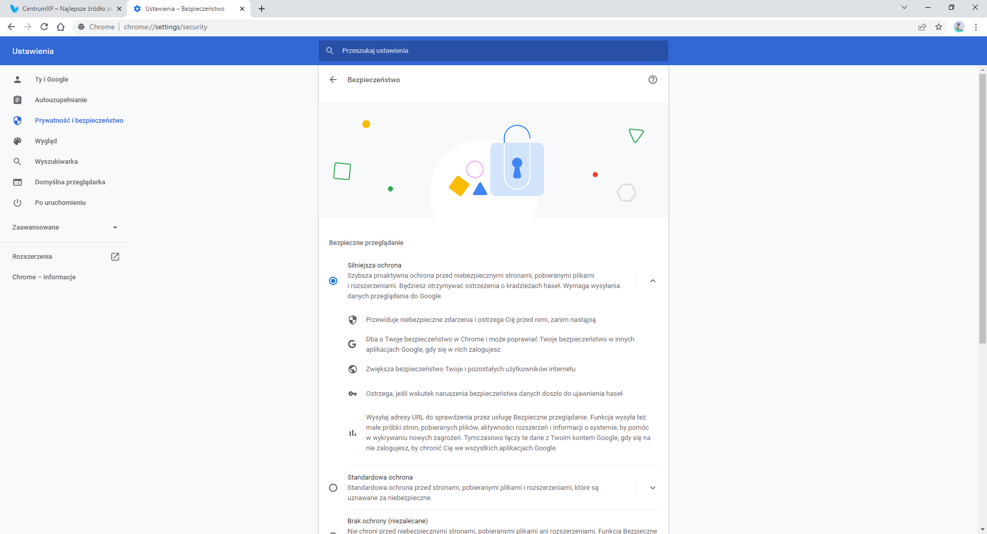 Google Chrome - Ustawienia bezpieczeństwa