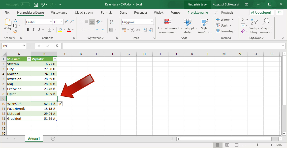 Excel - Jak wstawić nowy wiersz do tabeli?