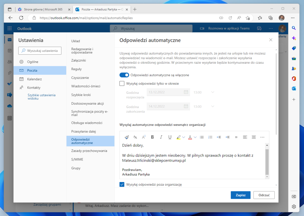 Autoresponder w Outlook Web App - jak go ustawić?