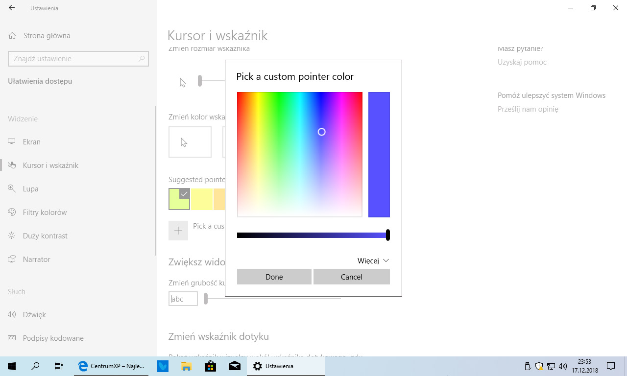 Jak zmienić kolor wskaźnika myszy w Windows 10?