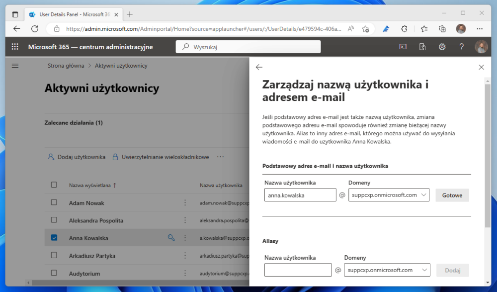 Jak zmienić podstawowy adres e-mail na koncie w Microsoft 365