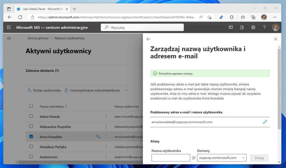 Jak zmienić podstawowy adres e-mail na koncie w Microsoft 365