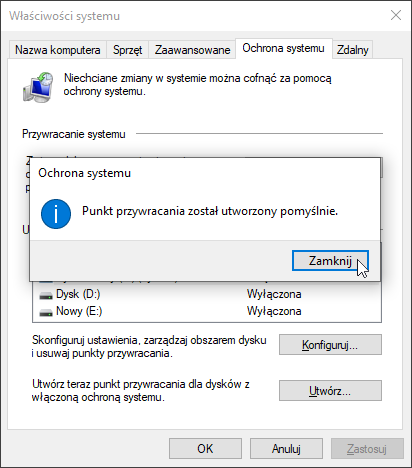 Punkt przywracania w Windows 10 - kopia rejestru
