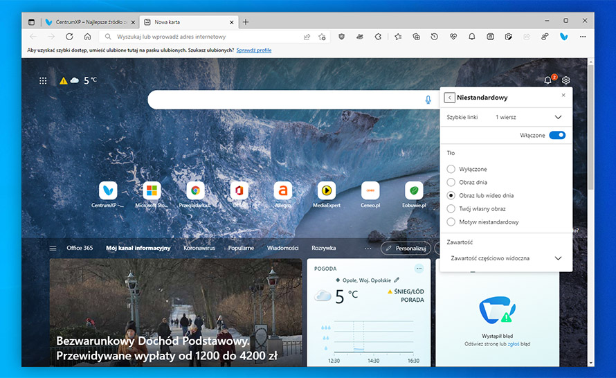 Wideo dnia - nowa opcja tła strony nowej karty w Microsoft Edge