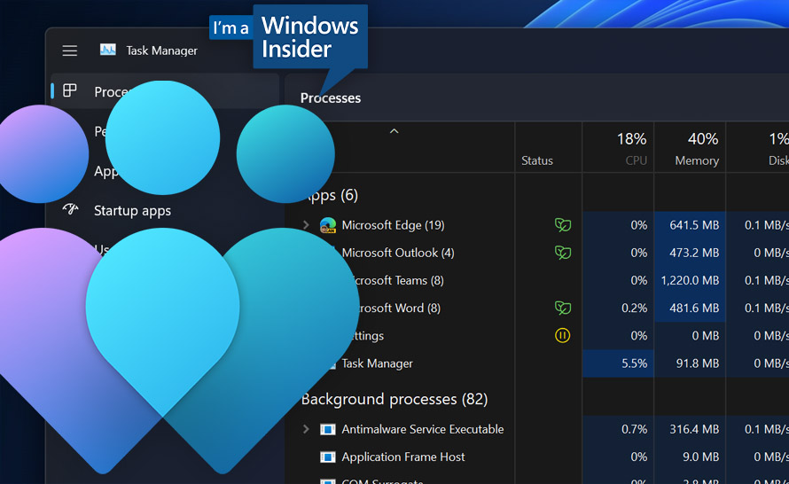 Menedżer zadań z kolorem wiodącym w Windows 11 Insider Preview (build 22610 w Dev i Beta Channel)
