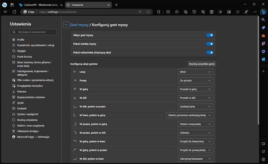 Łatwiejsze włączanie gestów myszy w Microsoft Edge