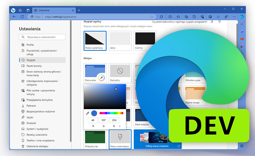 Próbnik kolorów w ustawieniach motywu w Microsoft Edge Dev (build 120.0.2186.2)