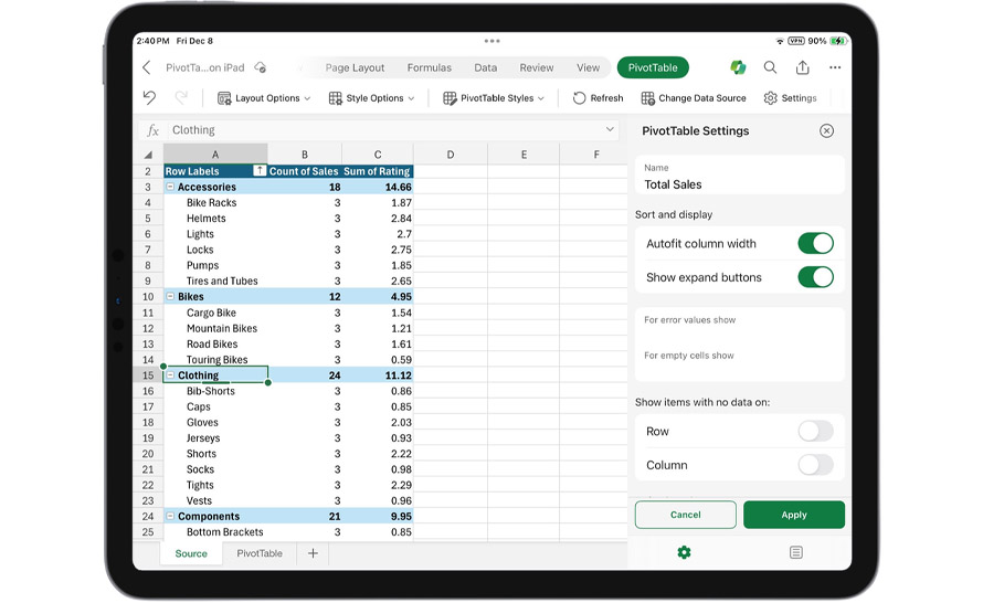 Tabele przestawne dostępne w Excelu na iPada