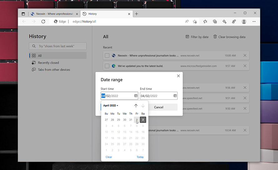 Filtrowanie historii według zakresu dat w Microsoft Edge Canary